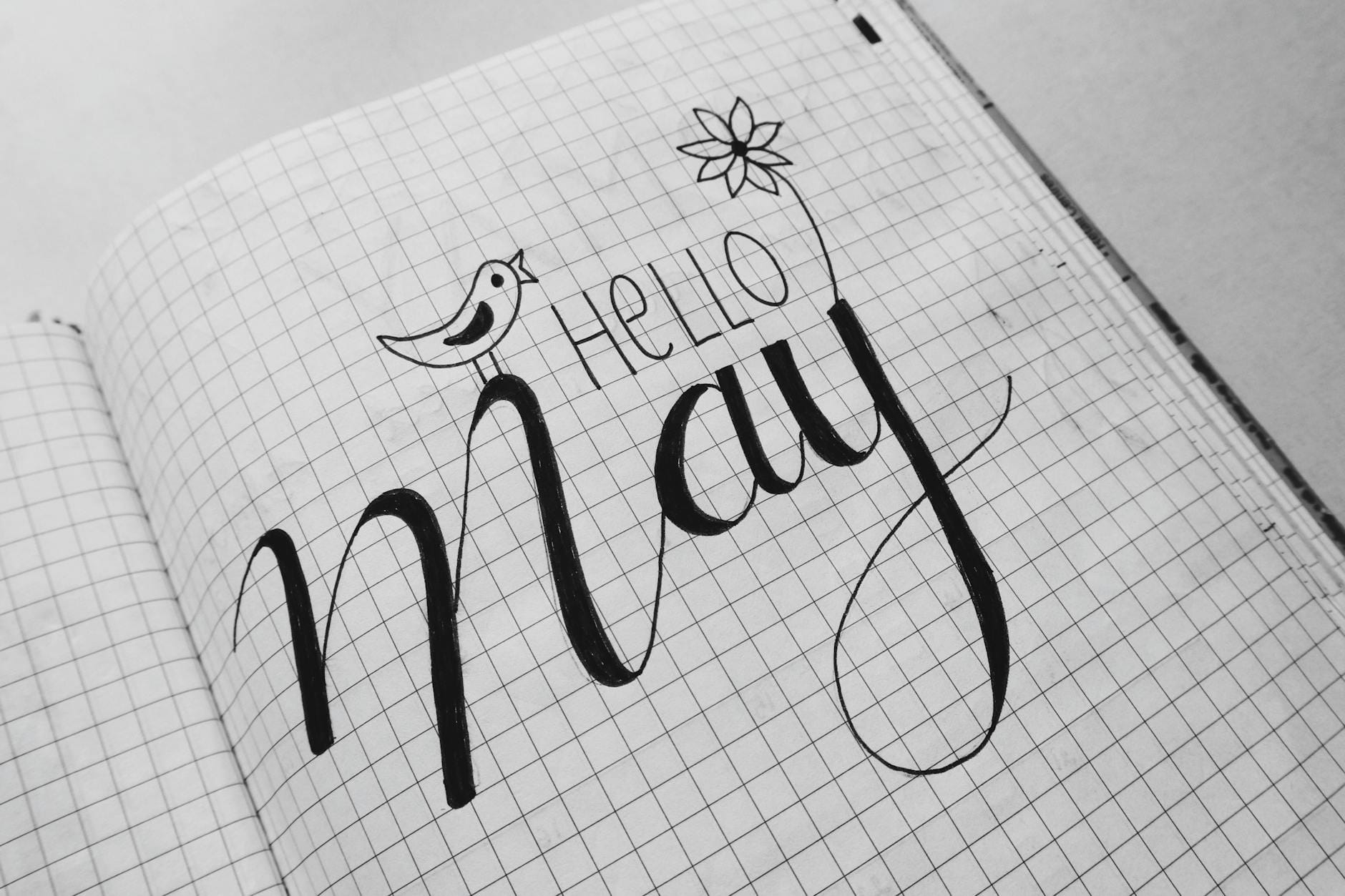 Notatnik z napisem Hello May i rysunkami kwiatów oraz ptaka